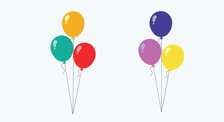 Naklejka premium Two bunches of three bright and colorful party balloons floating high against a light blue and white background.