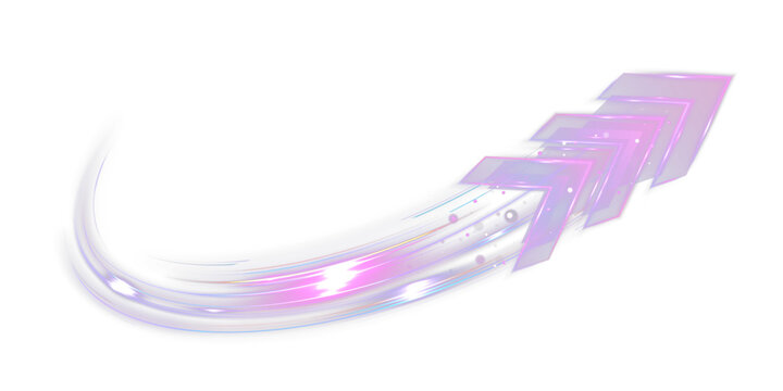 Futuristic neon speed arrow with glowing light trail motion effect isolated on black background
