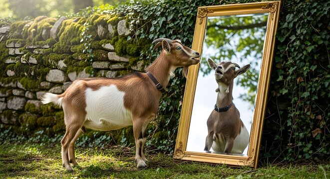 Eid ul adha reflection goat gazing into a mirror symbolizing sacrifice and islamic tradition