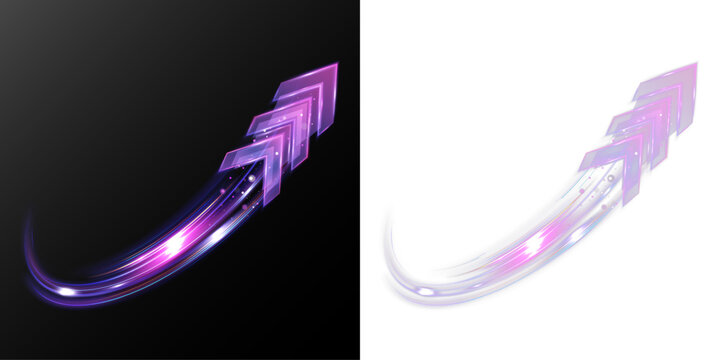 Glowing neon arrow with curved light trail dynamic speed motion futuristic energy effect isolated on black background
