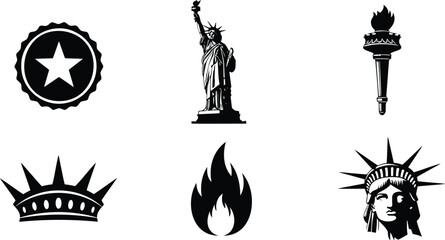 Set of patriotic icons including statue of liberty torch crown and flame elements vector. © MDRAYHAN