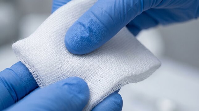 Close-up of sterile gauze in gloved hands medical wound care concept