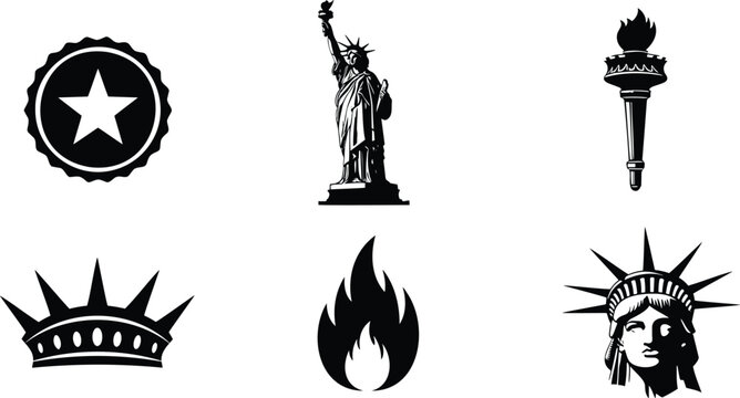 Set of patriotic icons including statue of liberty torch crown and flame elements vector.