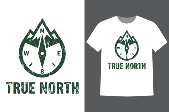 Vintage compass and mountain design with true north text for outdoor adventure apparel and graphic resources