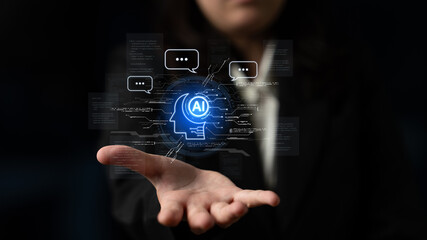 Fototapeta premium Artificial intelligence AI virtual assistant chatbot automates search and report with conversational chat support data for teams. LLM AI deep learning use generative AI for work support. NLP. Corpus