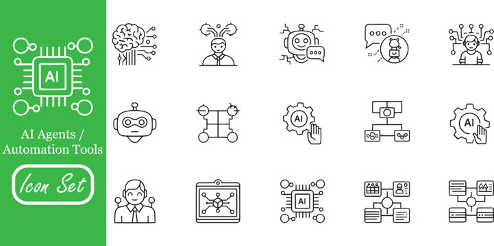 AI Agents and Automation Icons: Autonomous AI Workflows, Neural Network Brain, Machine Learning Bots, and Intelligent Process Automation Linear Icons for Tech & SaaS UI Design