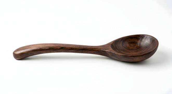Hand-carved dark walnut wooden serving spoon isolated on white background