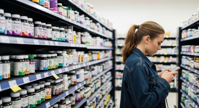 Woman Shopping for Vitamins, Supplements, and Health Products in Pharmacy Store