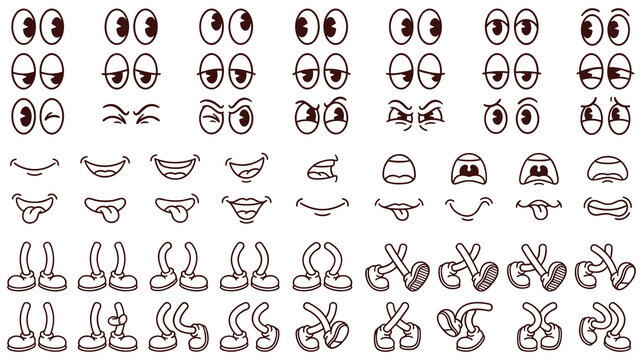 Cartoon eyes mouths legs for animated characters and drawings.