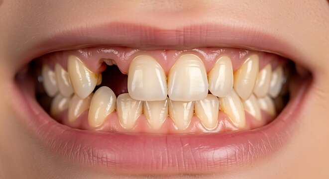 Close up of a human smile revealing teeth with a missing front tooth
