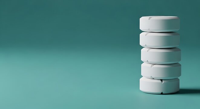 Stack of white pills on teal background pharmaceutical and medical imagery