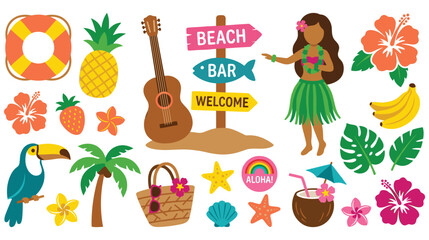 Naklejka premium Hawaiian summer themed vector icons collection on white background.