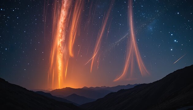 volcanic eruption at night with glowing lava and ash cloud under starry sky