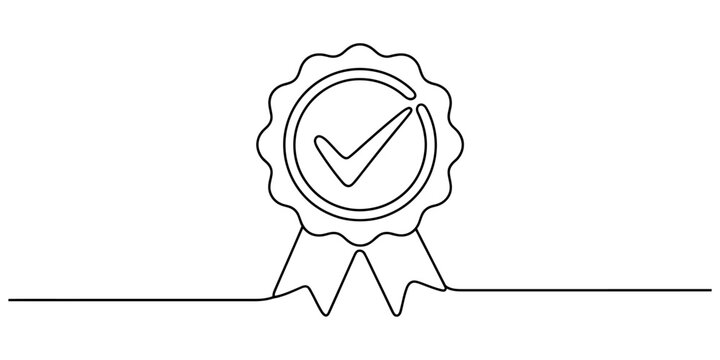 Continuous single line drawing of a quality badge icon with a tick check mark symbol representing approval and certification success Vector, illustration