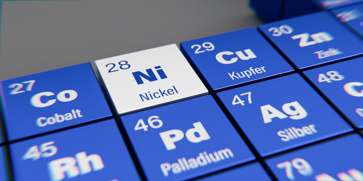 Detail view of chemical element Ni Nickel with the atomic number 28 within the periodic table of elements in German. Dynamic dispersion effect at the corners, selective focus