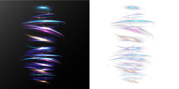 Glowing neon spiral light vortex with colorful energy trails abstract dynamic swirl effect futuristic light column isolated on black background
