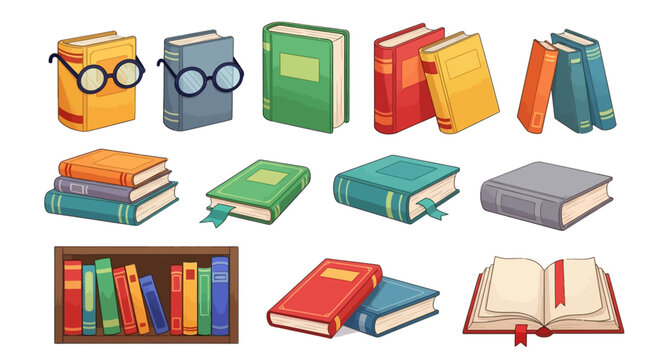Cartoon book collection with 12 vector elements, colorful library textbook set with glasses and bookmarks, educational literature icons for school