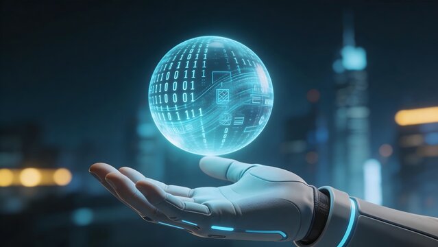 Futuristic robotic hand holding digital globe