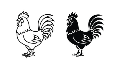 Rooster icon set featuring outline and solid black silhouette for farm branding and agricultural graphic design projects © tarustock