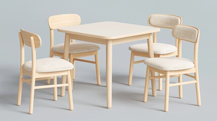 Fototapeta premium Modern wooden dining table set with four matching chairs featuring light-colored wood and soft fabric seats, arranged in a minimalist indoor setting