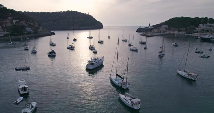 Port Soller Mallorca Sunset with Yachts and Boats in Harbor
