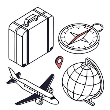 Isometric travel concept icons featuring suitcase navigation compass airplane and terrestrial globe isometric suitcase airplane