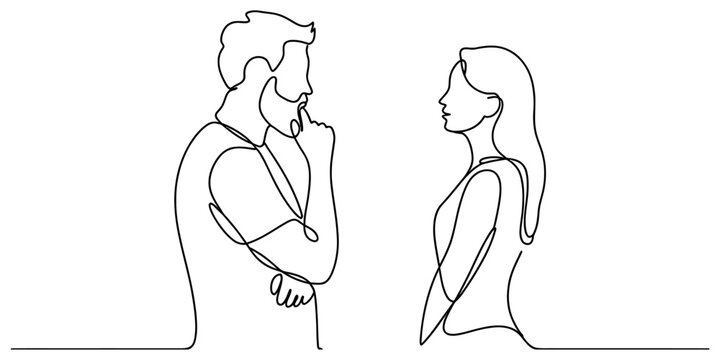 Man and woman standing and talking to each other in a continuous line art style drawing illustrating communication and relationship concepts Vector, illustration