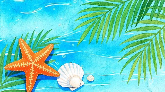 Orange starfish and white shells on beach