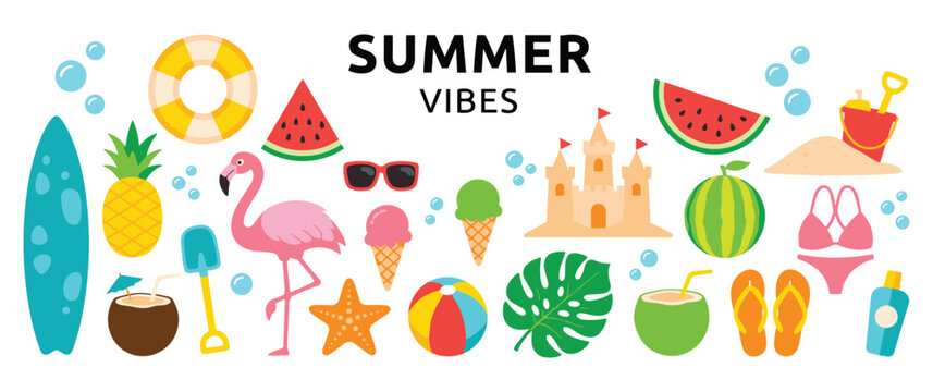 Summer vibe elements set for beach vacation holiday design flat graphic.