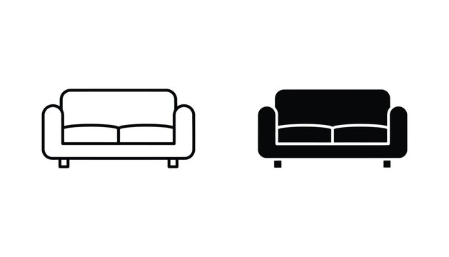 Comfortable couch icon set with outline and solid black silhouette design elements for interior design and furniture branding graphic projects on white background