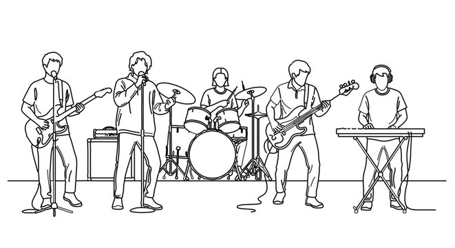 Line art illustration of a rock band performing on stage with singer, guitarist, drummer and keyboardist