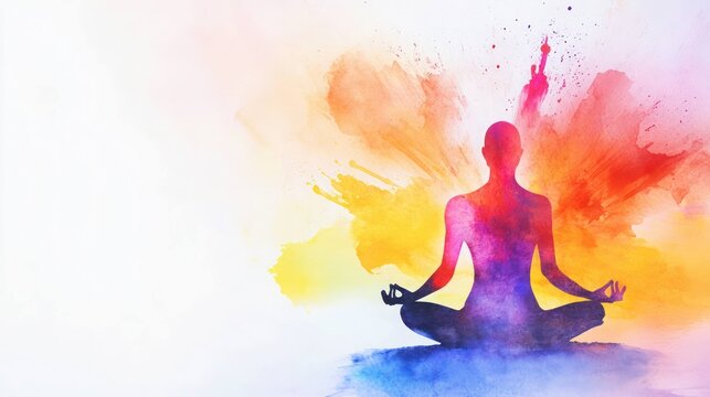 Watercolor meditation silhouette with colorful energy aura mindfulness and spiritual balance concept