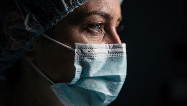 A medical professional in a surgical mask and cap, focused on providing care and treatment in a dark setting, representing the frontline workers in the fight against diseases and infections.