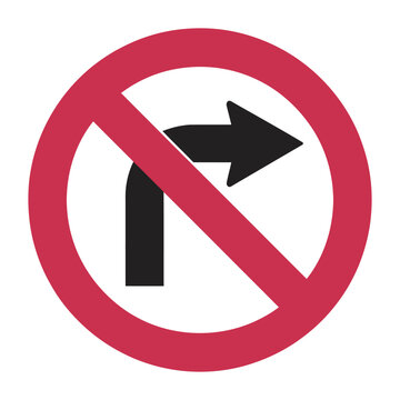No right turn sign road traffic symbol showing restricted direction of travel, prohibition for driving rules