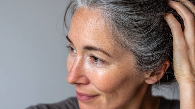 Closeup of gray hair roots and scalp texture showing natural aging and hair growth detail