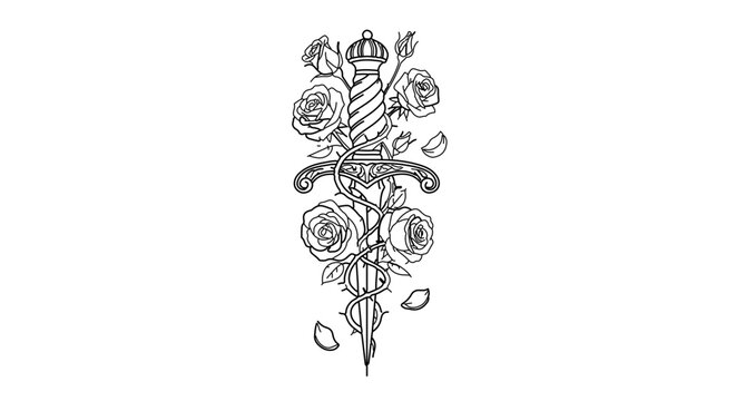 Dagger with roses and thorns tattoo design