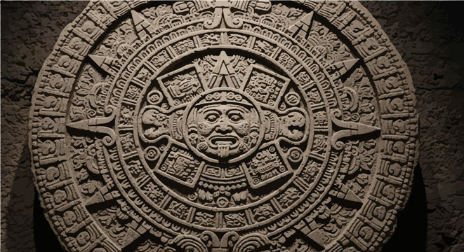 Ancient aztec sun stone calendar carving, historical mexican stone sculpture