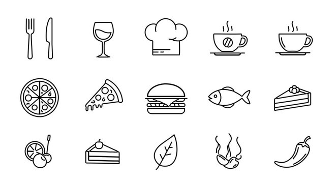 Food and restaurant line art icon set for menu design