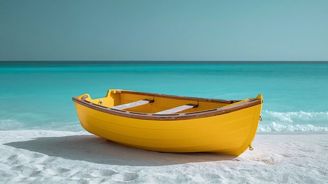 Yellow wooden rowboat resting on white sandy beach with turquoise ocean waves gently lapping at the shore under a clear blue sky