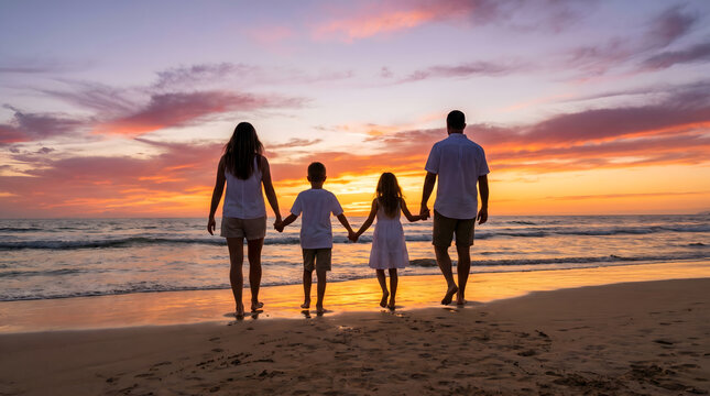 Family of four holding hands walking on beach at sunset with colorful sky