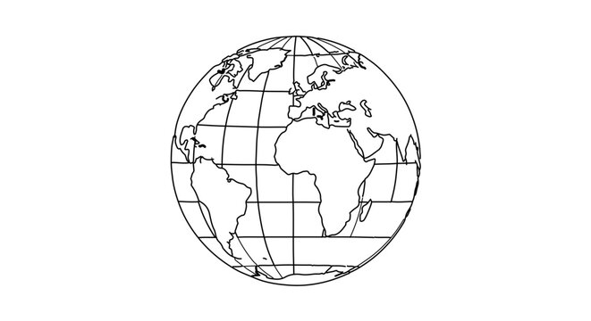 World globe map line art illustration showing continents