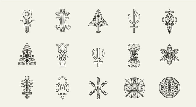 Collection of mystical and alchemical symbols, sigils, and esoteric emblems in line art style