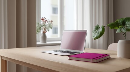 Fototapeta premium A stylish, minimalist office desk featuring an open laptop and a vibrant pink book, ideal for productivity and modern workspaces.