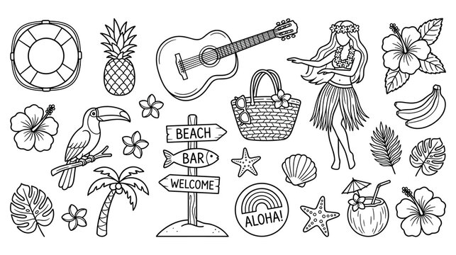 Tropical island hawaiian theme beach icons set outline illustration art.