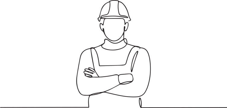 Continuous line drawing of a construction worker with arms crossed isolated on white background