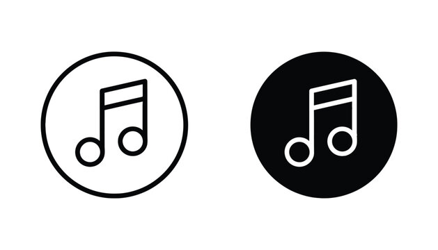 Musical eighth note icon in circular outline and solid black vector graphic variations