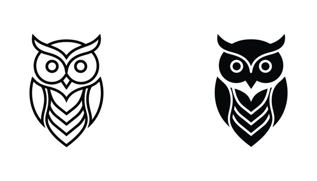 Stylized owl icon in outline and solid black vector graphic forms for wisdom and knowledge