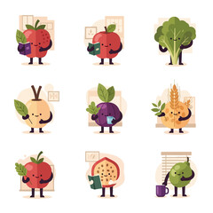 Obraz premium Collection of nine cute anthropomorphic fruit and vegetable icons including apple, tomato, kale, and grains, characters reading books or holding cups, flat vector illustration.