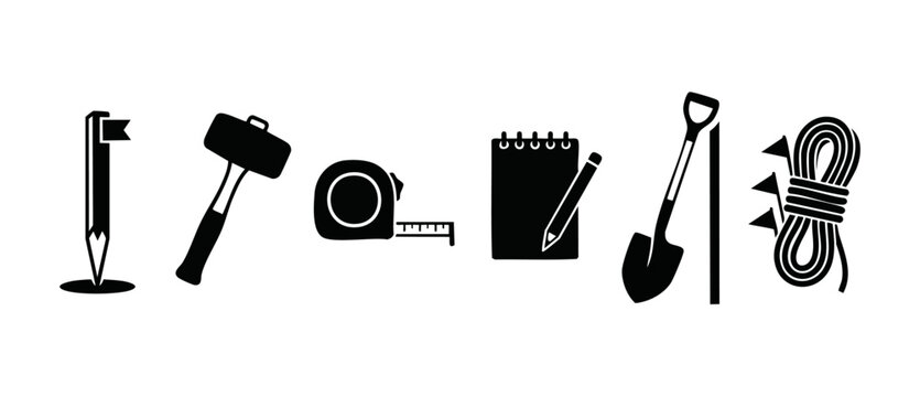 Construction survey tools icon set, surveying equipment collection including hammer, tape measure, notepad, shovel and rope for civil engineering, land development, architecture and building project d