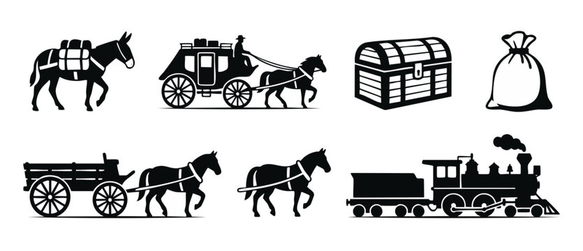 Wild West Transportation Set: Stagecoach, Steam Train, Wagon and Pack Mule Silhouettes for Historical Design Projects, Frontier Travel Icons, Vintage Logistics Collection, Isolated Black Vector Graphi